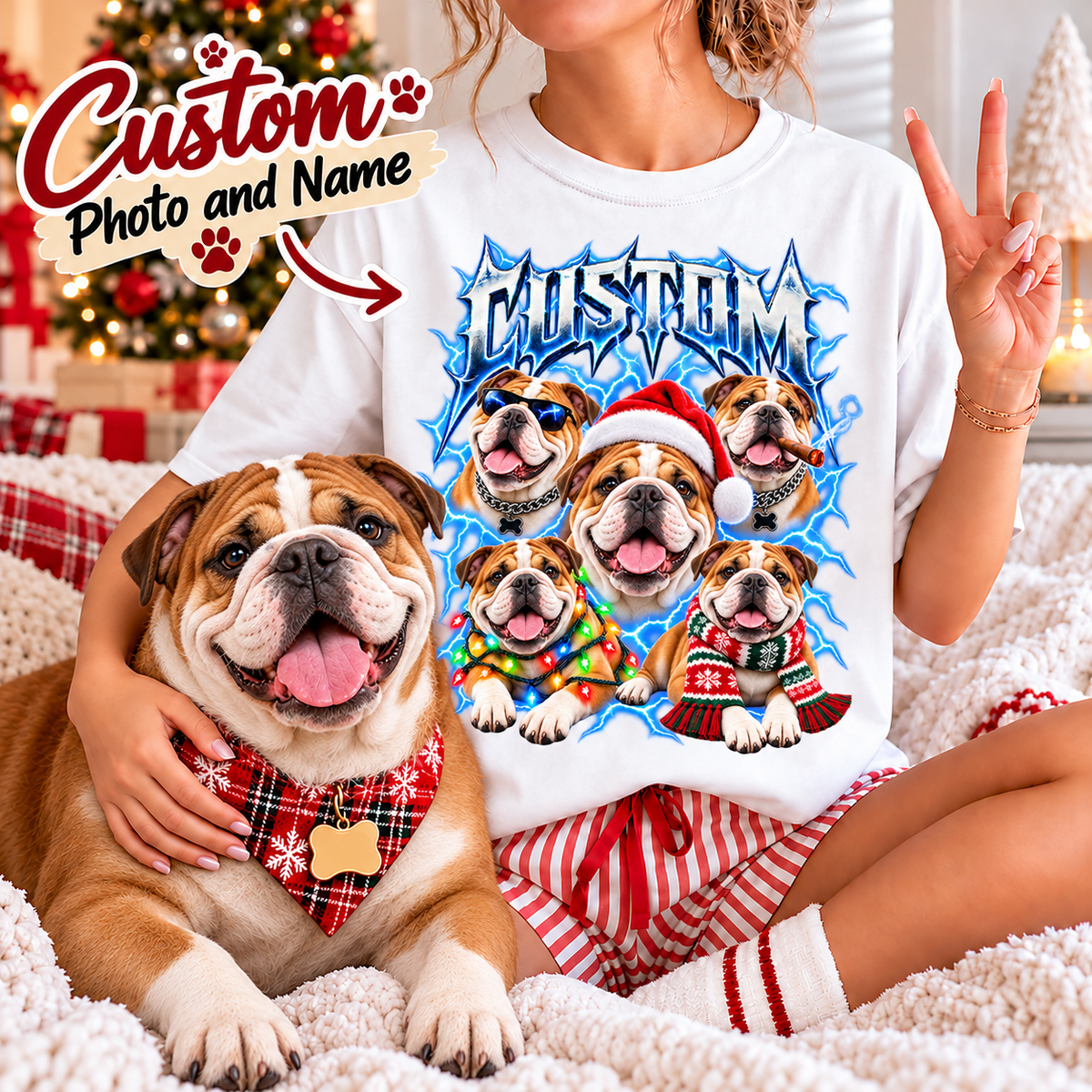 Personalized Bulldog Christmas Shirt – Custom Dog Name Holiday Graphic Tee