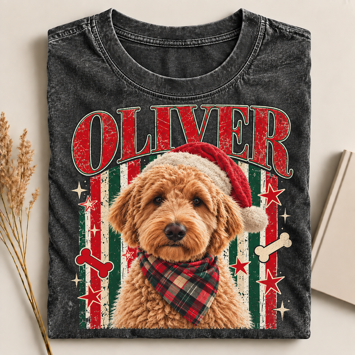 Custom Pet Photo Christmas Shirt, Preppy Striped Dog Portrait Tee