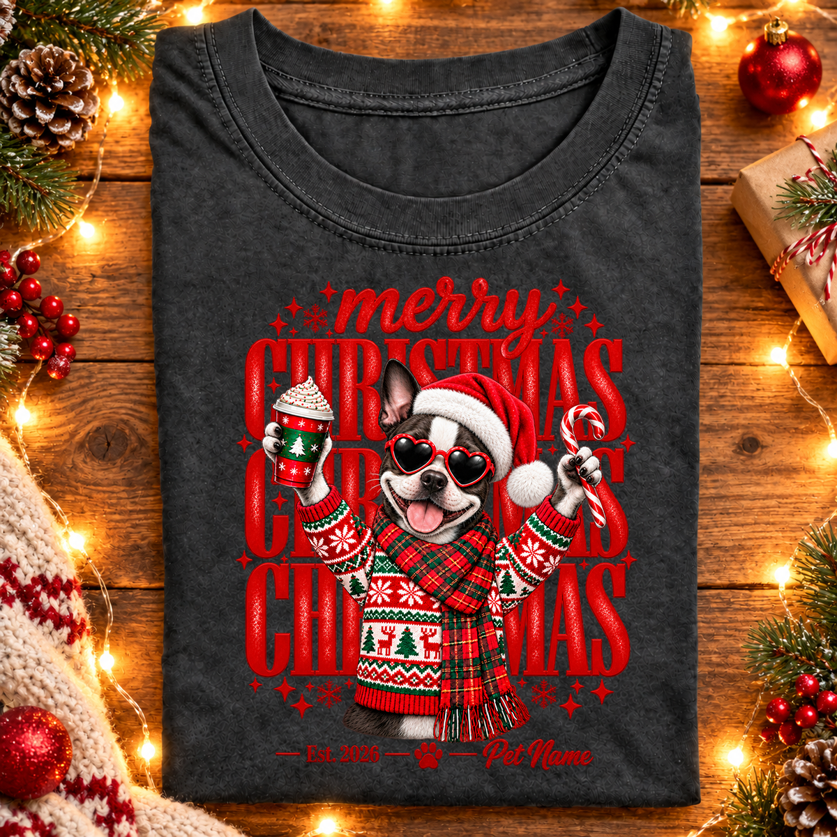 Boston Terrier Christmas Shirt – Merry Christmas Boston Terrier Lover Holiday Graphic Tee