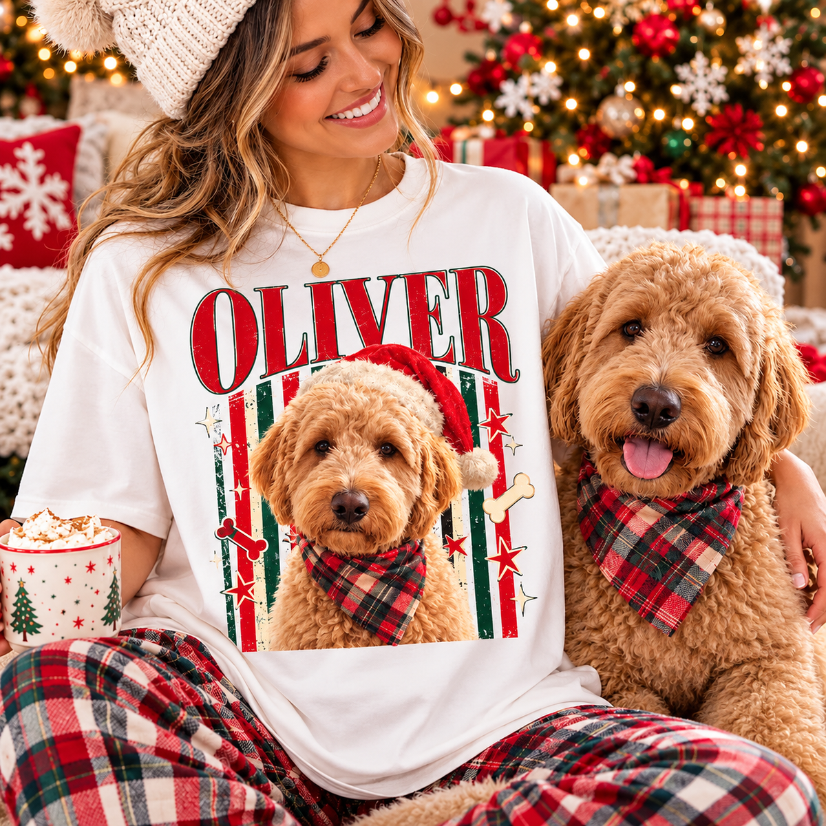 Custom Pet Photo Christmas Shirt, Preppy Striped Dog Portrait Tee