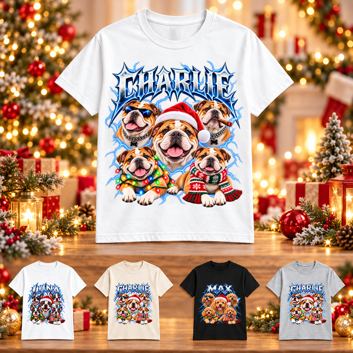 Personalized Bulldog Christmas Shirt – Custom Dog Name Holiday Graphic Tee