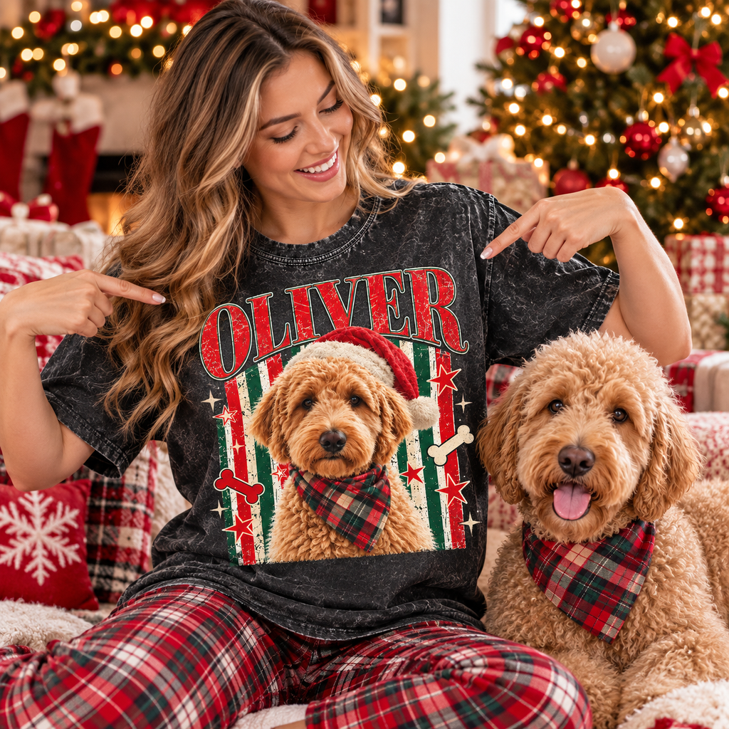 Custom Pet Photo Christmas Shirt, Preppy Striped Dog Portrait Tee
