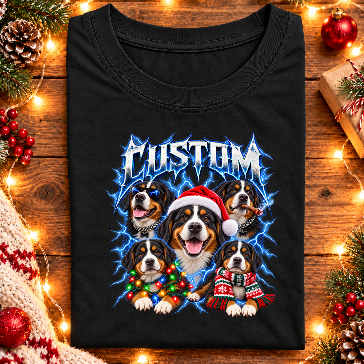 Personalized Bernese Mountain Dog Christmas Shirt – Custom Dog Name Holiday Graphic Tee