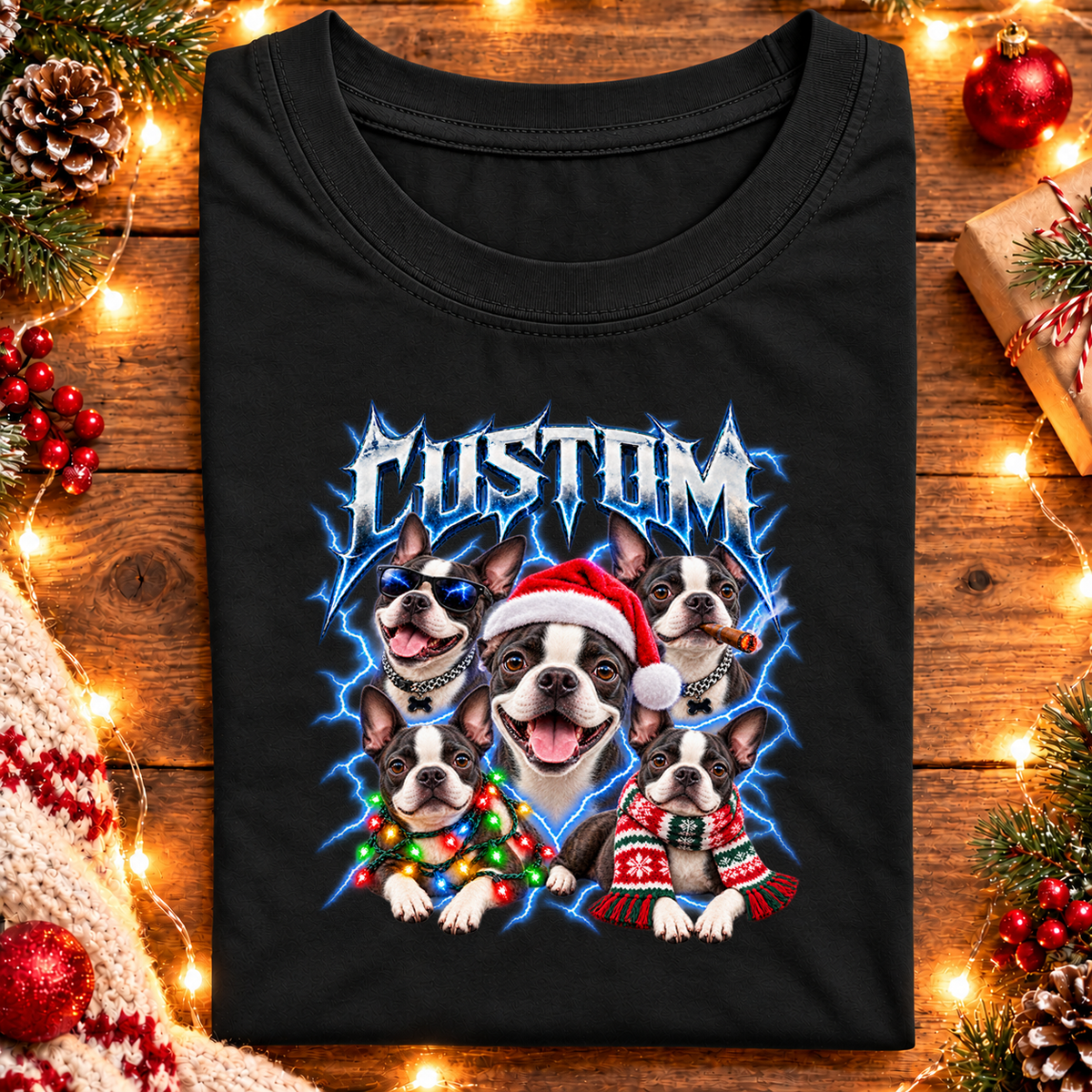 Personalized Boston Terrier Christmas Shirt – Custom Dog Name Holiday Graphic Tee