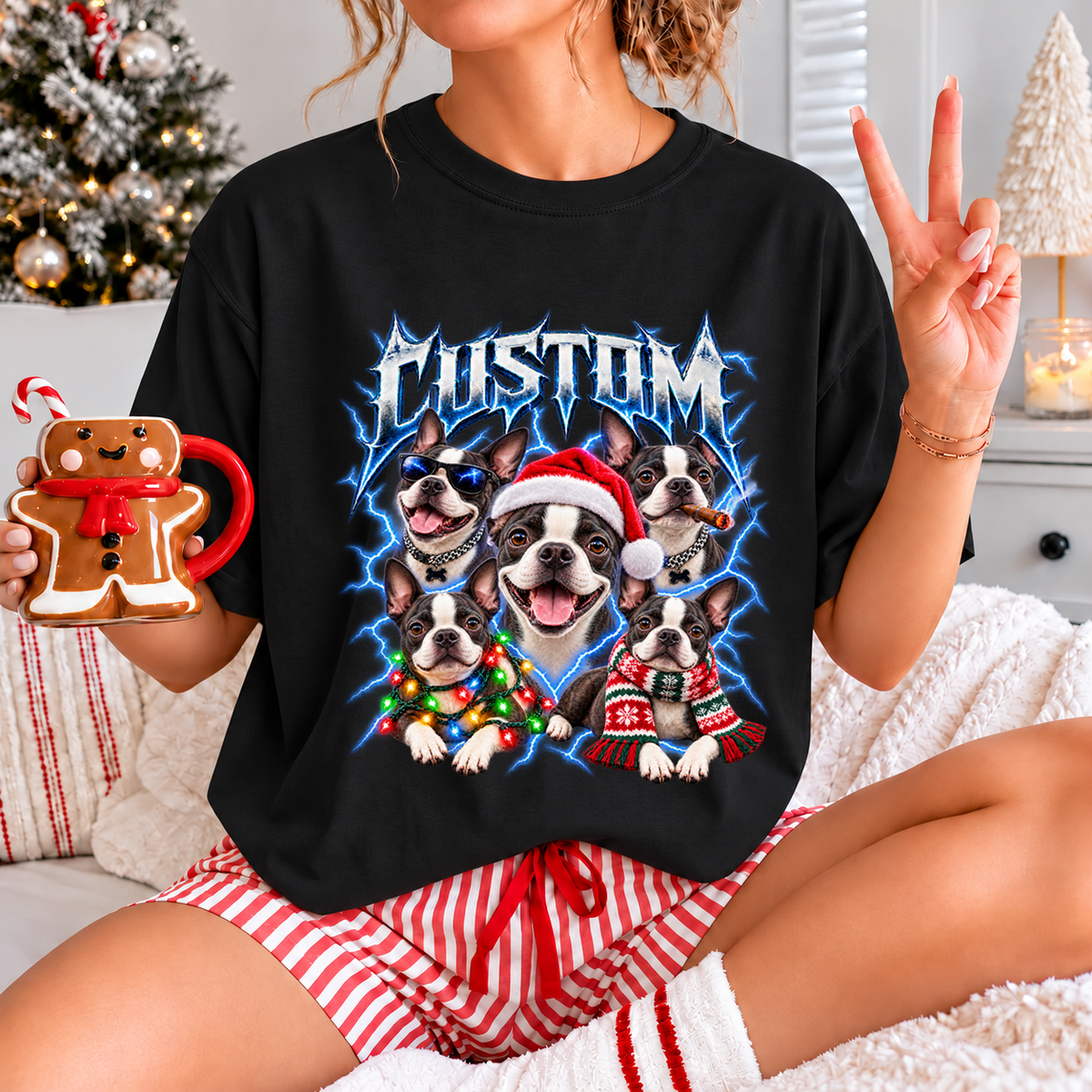 Personalized Boston Terrier Christmas Shirt – Custom Dog Name Holiday Graphic Tee