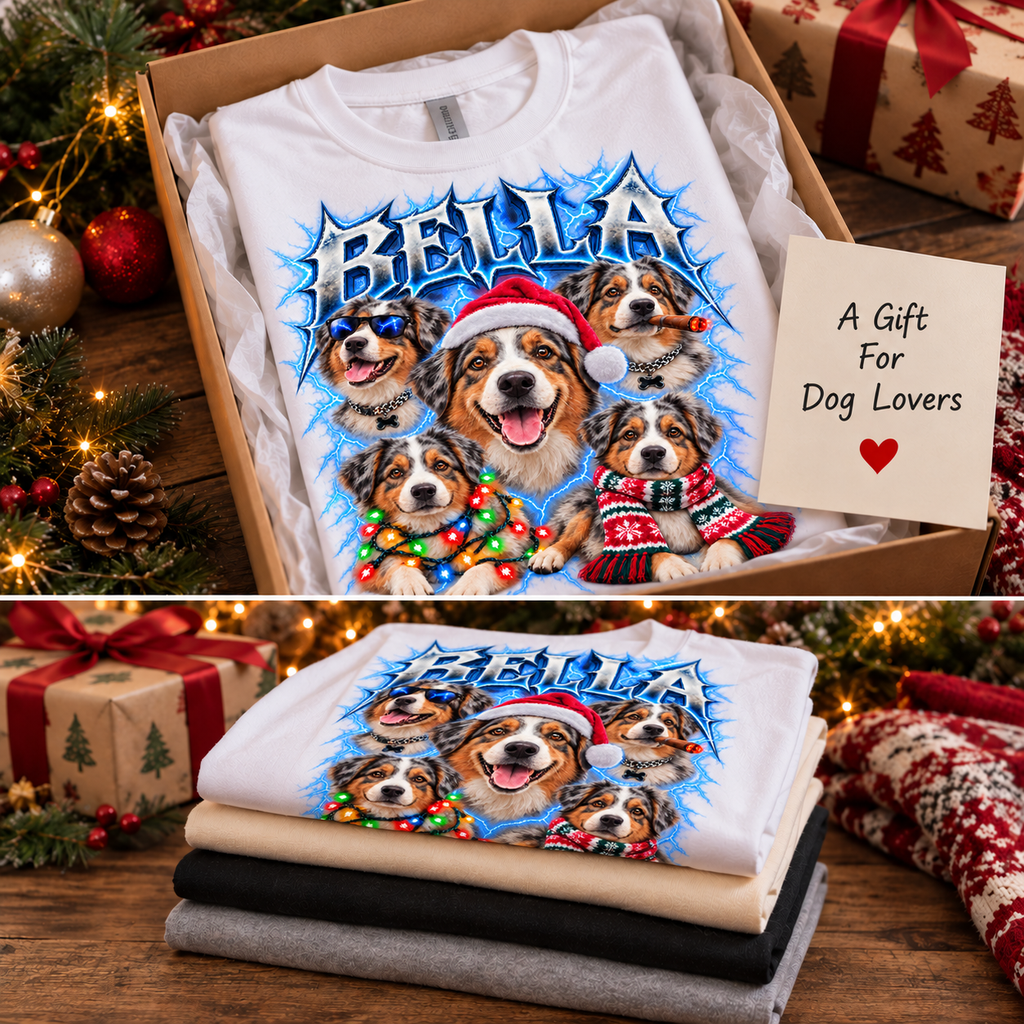 Personalized Australian Shepherd Christmas Shirt – Custom Dog Name Holiday Graphic Tee