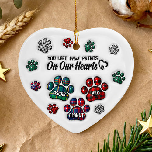 You Left Paw Prints On Our Hearts- Personalized Ceramic Ornament, Memorial Gift For Dog Lover, Memorial Glass Ornament