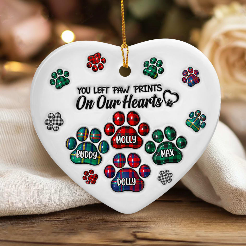 You Left Paw Prints On Our Hearts- Personalized Ceramic Ornament, Memorial Gift For Dog Lover, Memorial Glass Ornament