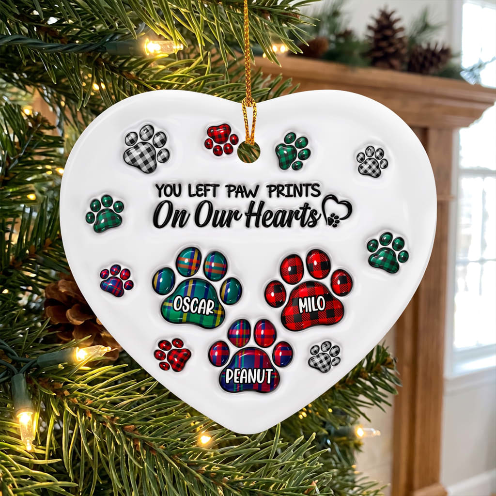 You Left Paw Prints On Our Hearts- Personalized Ceramic Ornament, Memorial Gift For Dog Lover, Memorial Glass Ornament