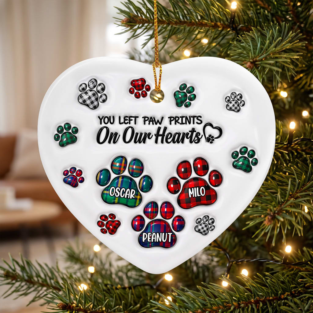 You Left Paw Prints On Our Hearts- Personalized Ceramic Ornament, Memorial Gift For Dog Lover, Memorial Glass Ornament