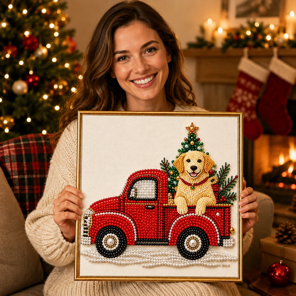 as Holiday Decor Gift for Pet Lovers  Pet Pearl Art DIY Kit – Custom Pet Photo Red Truck Design, Christmas Holiday Decor Gift for Pet Lovers
