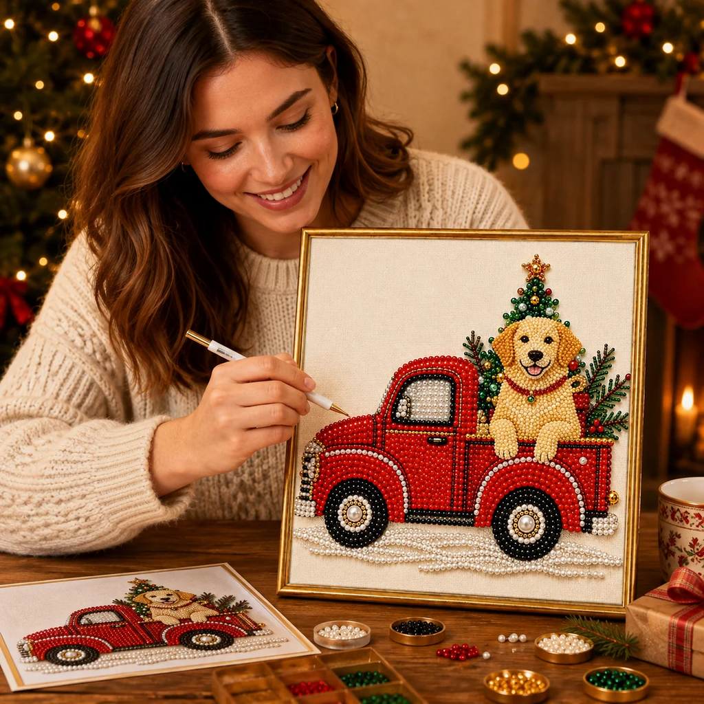 as Holiday Decor Gift for Pet Lovers  Pet Pearl Art DIY Kit – Custom Pet Photo Red Truck Design, Christmas Holiday Decor Gift for Pet Lovers