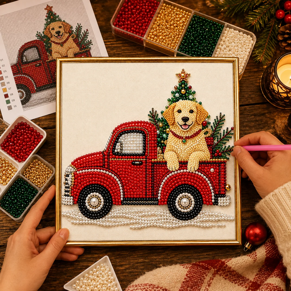 as Holiday Decor Gift for Pet Lovers  Pet Pearl Art DIY Kit – Custom Pet Photo Red Truck Design, Christmas Holiday Decor Gift for Pet Lovers