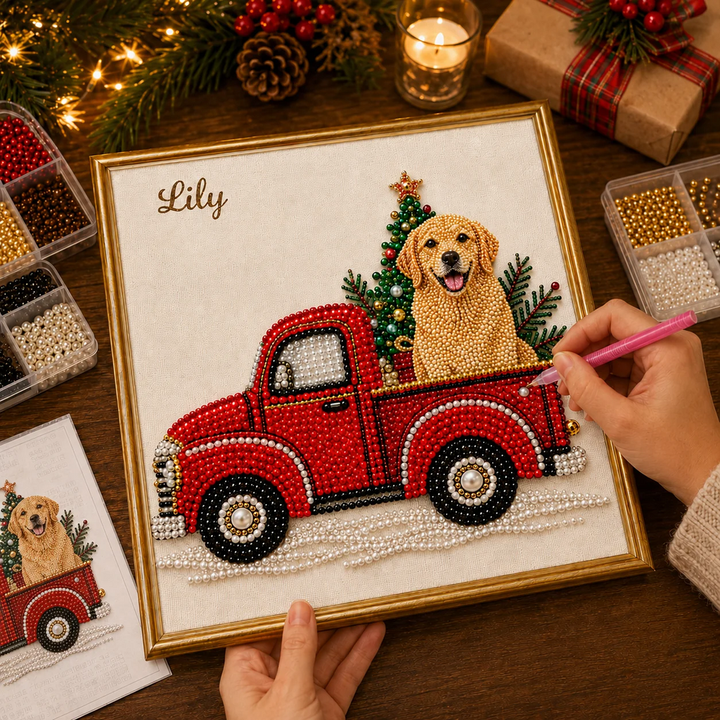 as Holiday Decor Gift for Pet Lovers  Pet Pearl Art DIY Kit – Custom Pet Photo Red Truck Design, Christmas Holiday Decor Gift for Pet Lovers