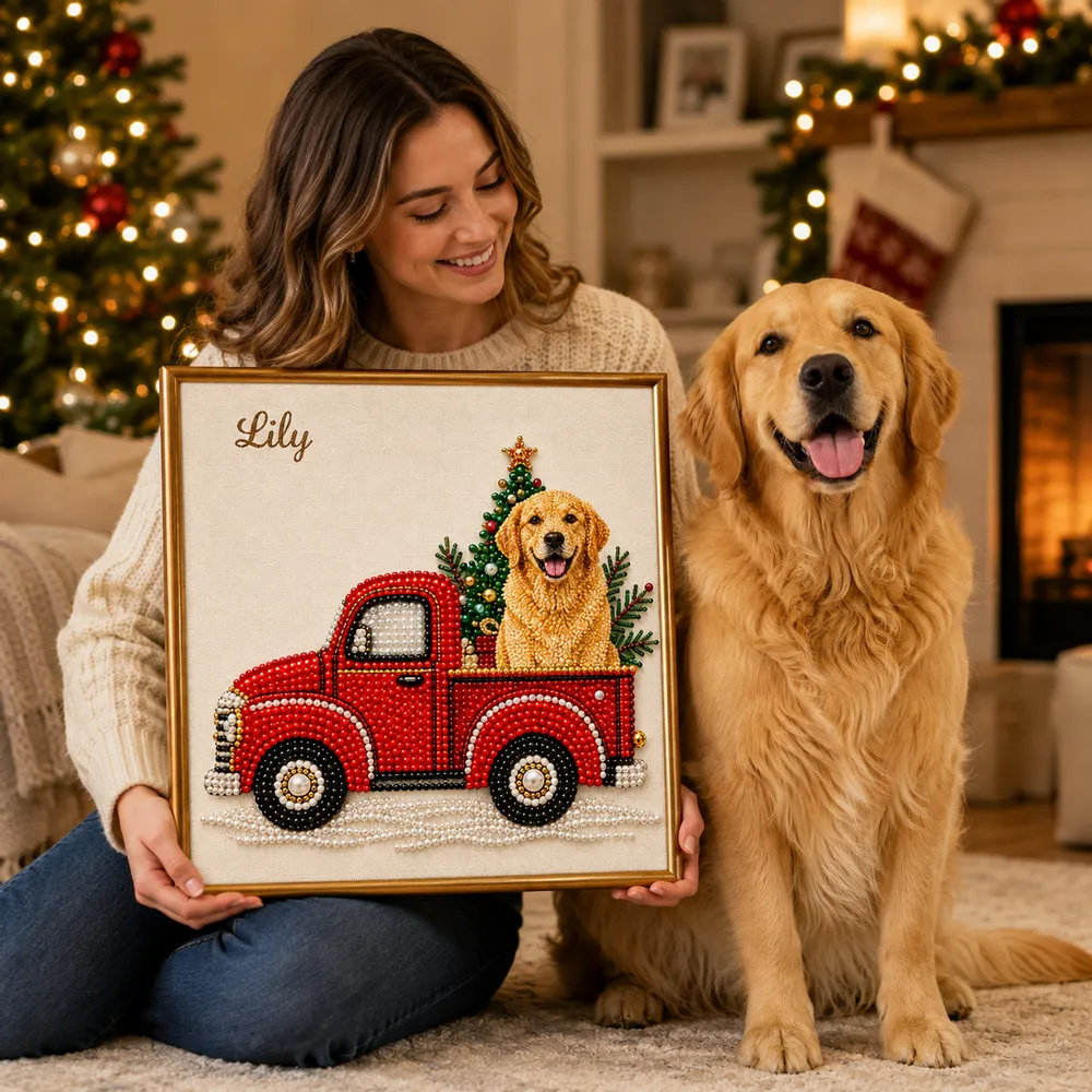 as Holiday Decor Gift for Pet Lovers  Pet Pearl Art DIY Kit – Custom Pet Photo Red Truck Design, Christmas Holiday Decor Gift for Pet Lovers