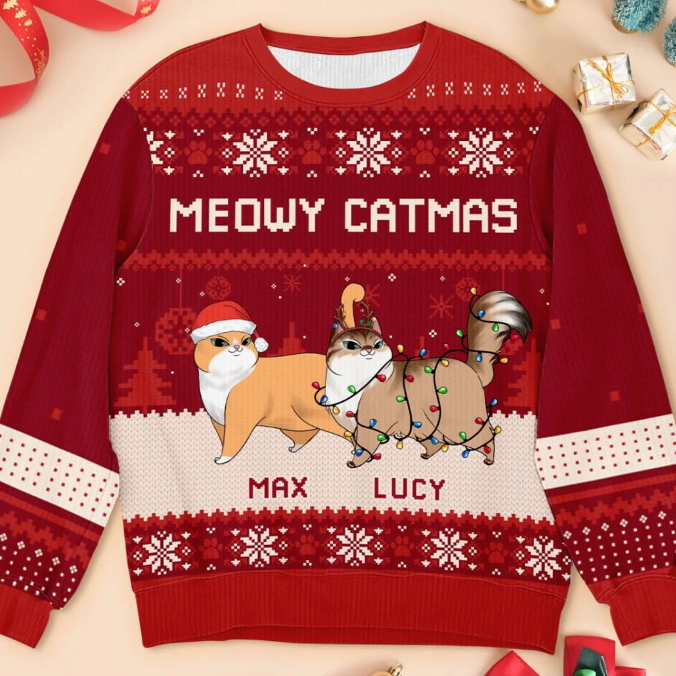 Meowy Catmas Holiday - Personalized Ugly Sweater, Wool Sweatshirt, Gift For Cat Lovers