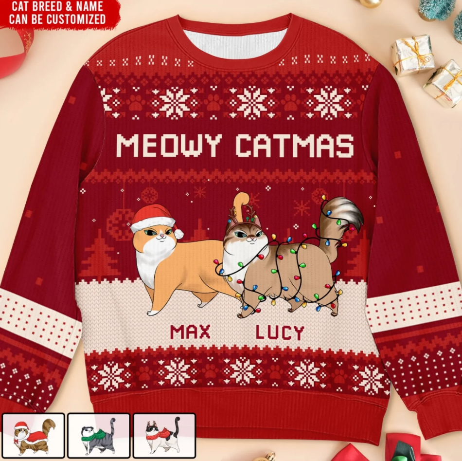 Meowy Catmas Holiday - Personalized Ugly Sweater, Wool Sweatshirt, Gift For Cat Lovers