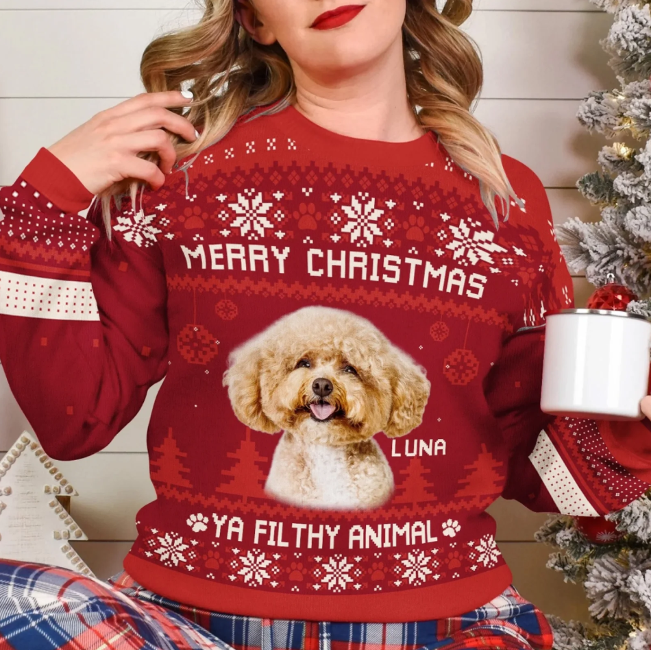 Merry Christmas Ya Filthy Animal Custom Dog Photo - Personalized Wool Sweater, Ugy Sweatshirt All-Over-Print, Christmas Gift For Dog Parents, Dog Lover Gift