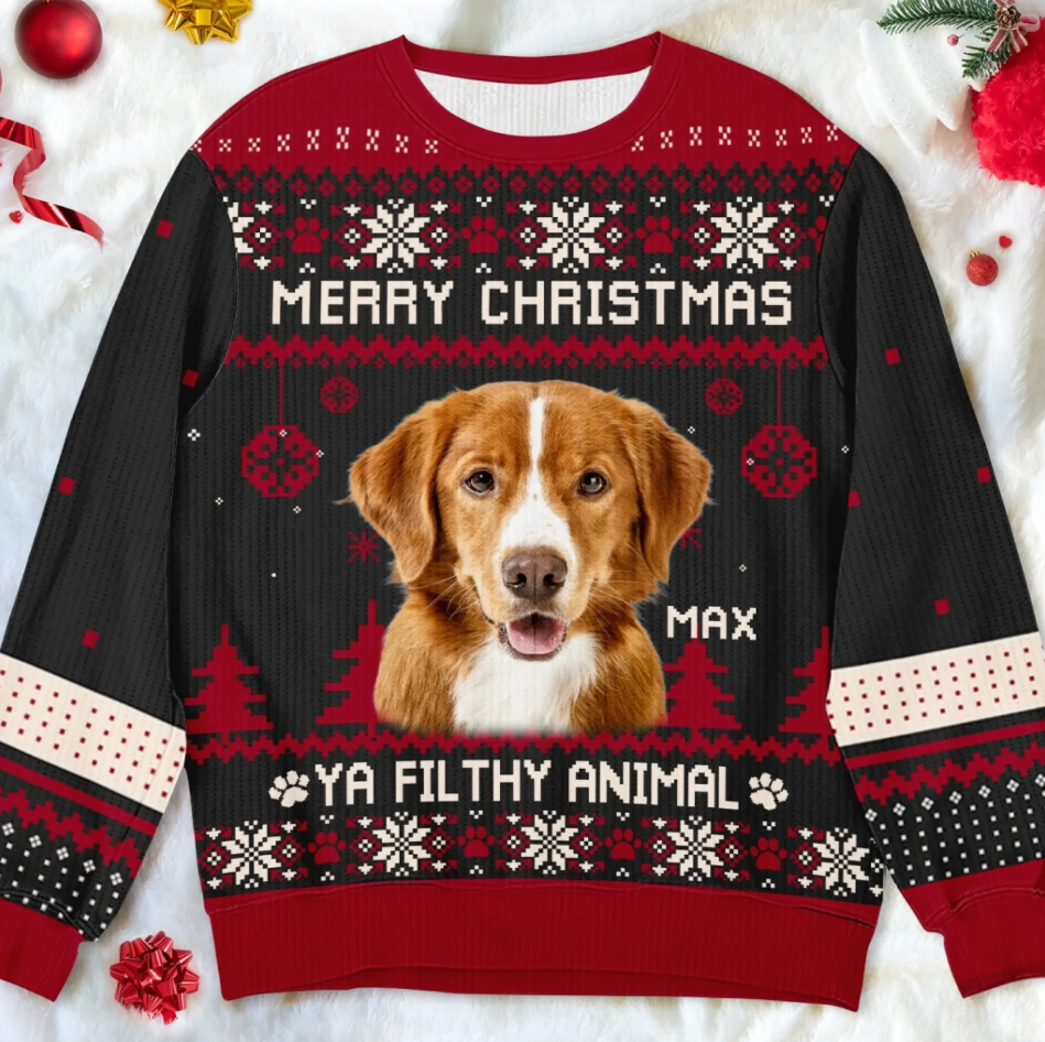 Merry Christmas Ya Filthy Animal Custom Dog Photo - Personalized Wool Sweater, Ugy Sweatshirt All-Over-Print, Christmas Gift For Dog Parents, Dog Lover Gift