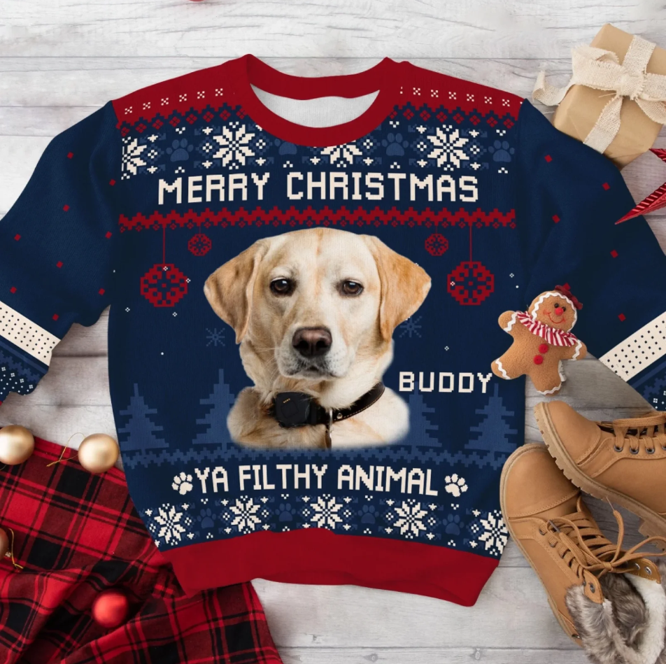 Merry Christmas Ya Filthy Animal Custom Dog Photo - Personalized Wool Sweater, Ugy Sweatshirt All-Over-Print, Christmas Gift For Dog Parents, Dog Lover Gift