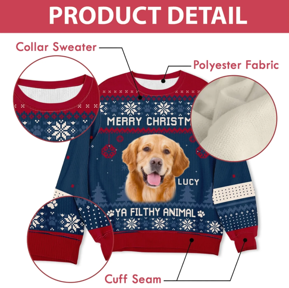 Merry Christmas Ya Filthy Animal Custom Dog Photo - Personalized Wool Sweater, Ugy Sweatshirt All-Over-Print, Christmas Gift For Dog Parents, Dog Lover Gift
